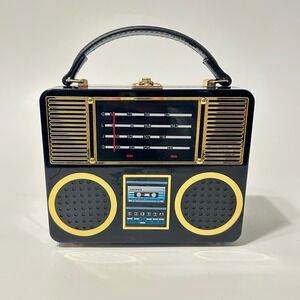 Black Retro Boombox Cassette Player Novelty Handbag Purse Gold Accents